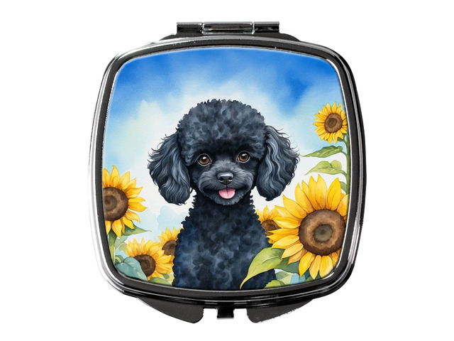 Black Poodle in Sunflowers Compact Mirror Decorative Travel Makeup Mirror for Women Girls Gifts Pocket Makeup Mirror Folding Handheld