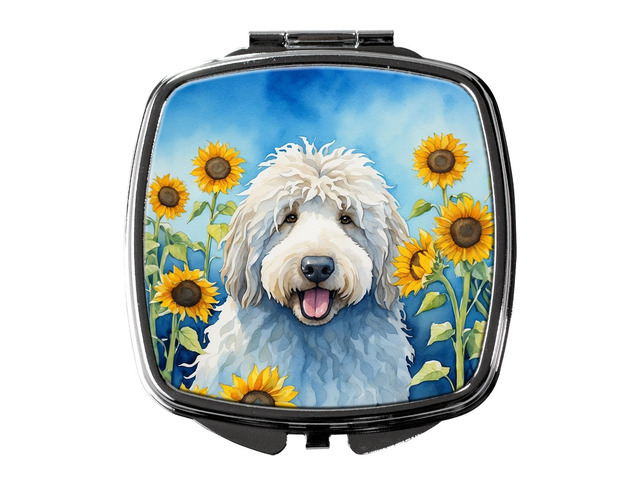 Komondor in Sunflowers Compact Mirror Decorative Travel Makeup Mirror for Women Girls Gifts Pocket Makeup Mirror Folding Handheld