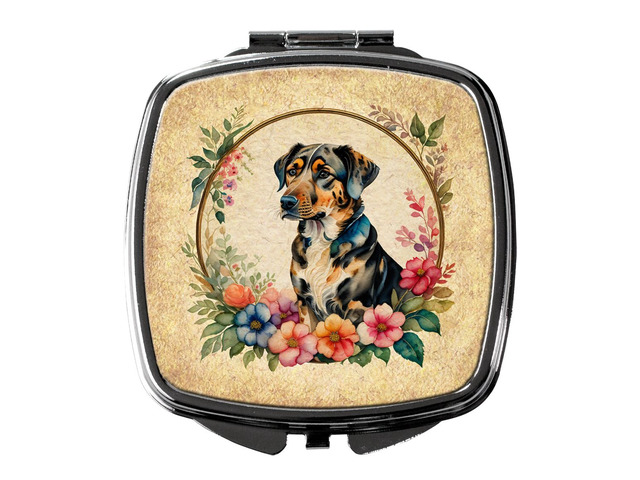 Catahoula Leopard Dog and Flowers Compact Mirror Decorative Travel Makeup Mirror for Women Girls Gifts Pocket Makeup Mirror Folding Handheld