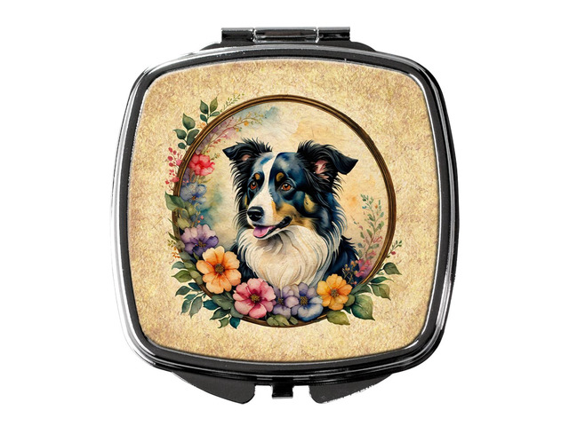 Border Collie and Flowers Compact Mirror Decorative Travel Makeup Mirror for Women Girls Gifts Pocket Makeup Mirror Folding Handheld