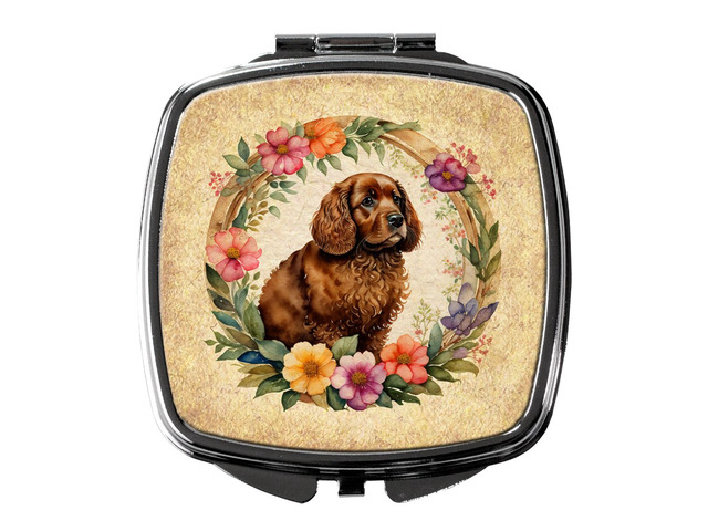 American Water Spaniel and Flowers Compact Mirror Decorative Travel Makeup Mirror for Women Girls Gifts Pocket Makeup Mirror Folding Handheld
