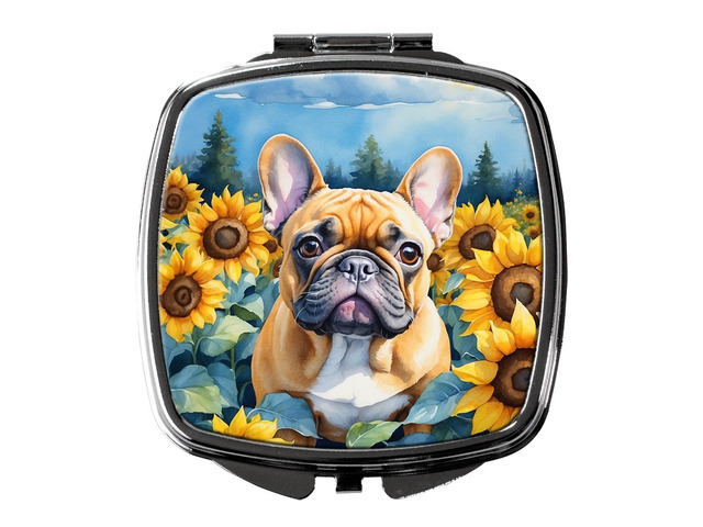 French Bulldog in Sunflowers Compact Mirror Decorative Travel Makeup Mirror for Women Girls Gifts Pocket Makeup Mirror Folding Handheld