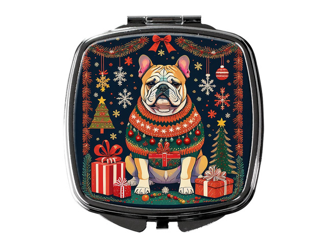 English Bulldog Christmas Compact Mirror Decorative Travel Makeup Mirror for Women Girls Gifts Pocket Makeup Mirror Folding Handheld