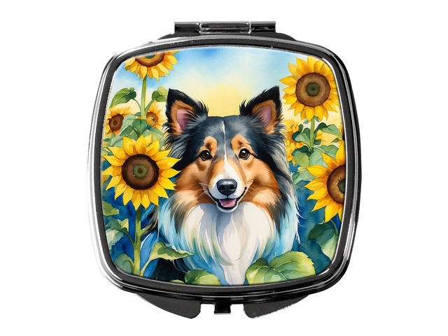 Sheltie in Sunflowers Compact Mirror Decorative Travel Makeup Mirror for Women Girls Gifts Pocket Makeup Mirror Folding Handheld
