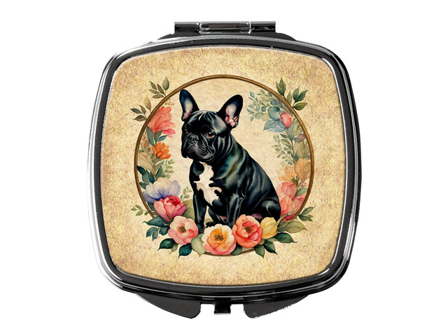 Black French Bulldog and Flowers Compact Mirror Decorative Travel Makeup Mirror for Women Girls Gifts Pocket Makeup Mirror Folding Handheld