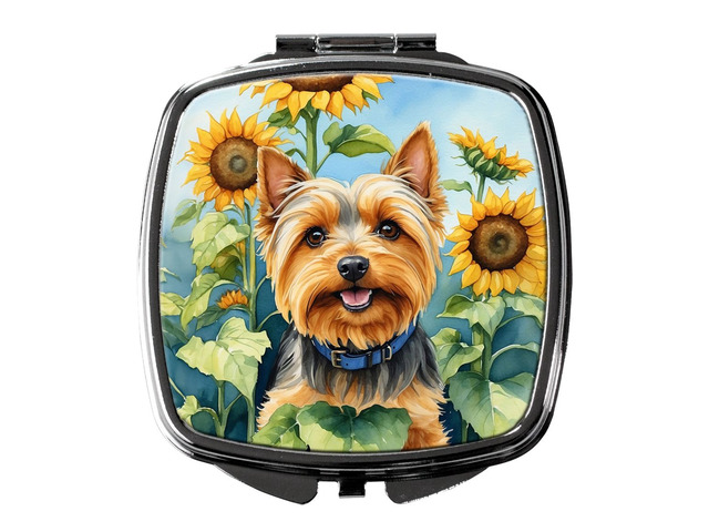 Silky Terrier in Sunflowers Compact Mirror Decorative Travel Makeup Mirror for Women Girls Gifts Pocket Makeup Mirror Folding Handheld