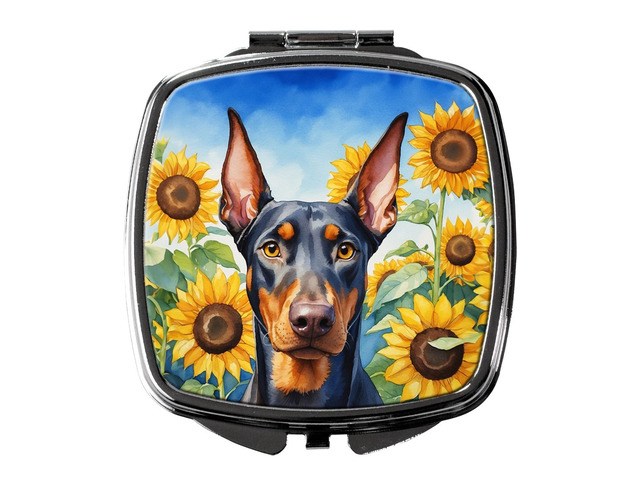 Doberman Pinscher in Sunflowers Compact Mirror Decorative Travel Makeup Mirror for Women Girls Gifts Pocket Makeup Mirror Folding Handheld