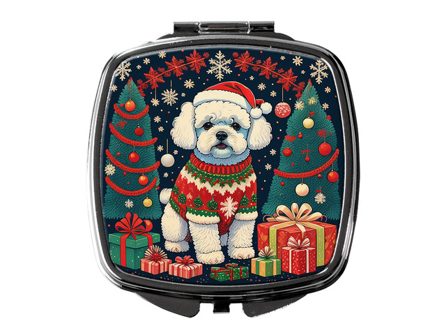 Bichon Frise Christmas Compact Mirror Decorative Travel Makeup Mirror for Women Girls Gifts Pocket Makeup Mirror Folding Handheld