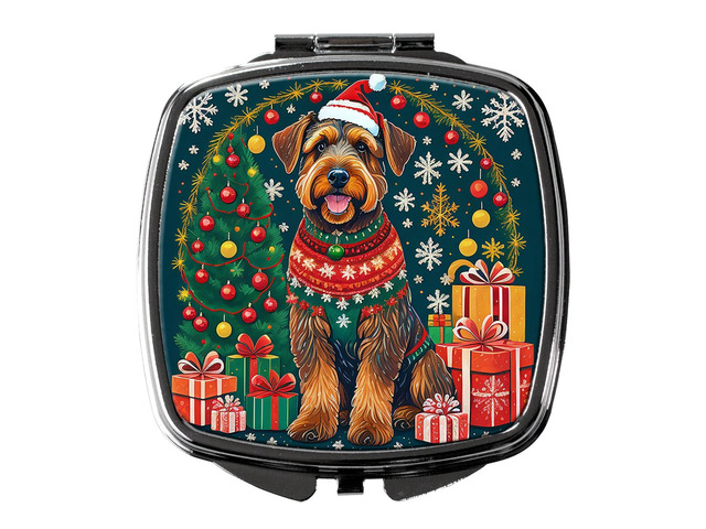 Airedale Terrier Christmas Compact Mirror Decorative Travel Makeup Mirror for Women Girls Gifts Pocket Makeup Mirror Folding Handheld