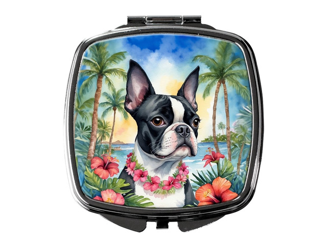 Boston Terrier Luau Compact Mirror Decorative Travel Makeup Mirror for Women Girls Gifts Pocket Makeup Mirror Folding Handheld