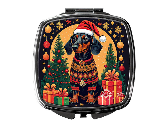 Black and Tan Dachshund Christmas Compact Mirror Decorative Travel Makeup Mirror for Women Girls Gifts Pocket Makeup Mirror Folding Handheld