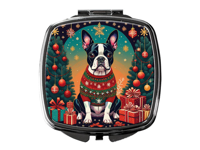 Boston Terrier Christmas Compact Mirror Decorative Travel Makeup Mirror for Women Girls Gifts Pocket Makeup Mirror Folding Handheld