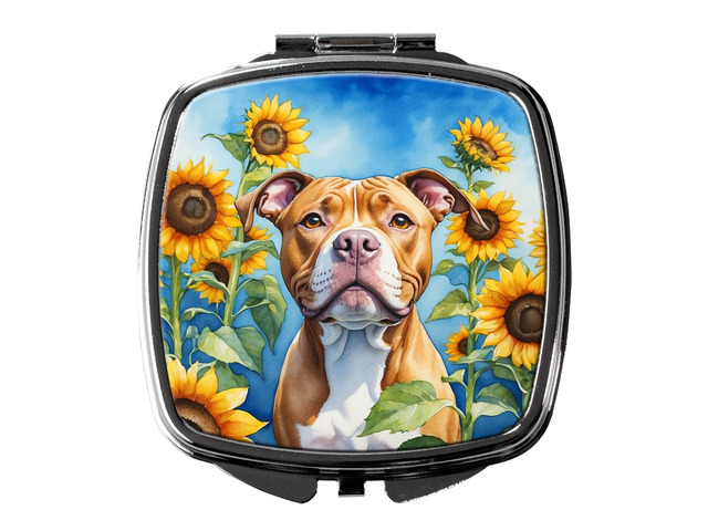 Pit Bull Terrier in Sunflowers Compact Mirror Decorative Travel Makeup Mirror for Women Girls Gifts Pocket Makeup Mirror Folding Handheld
