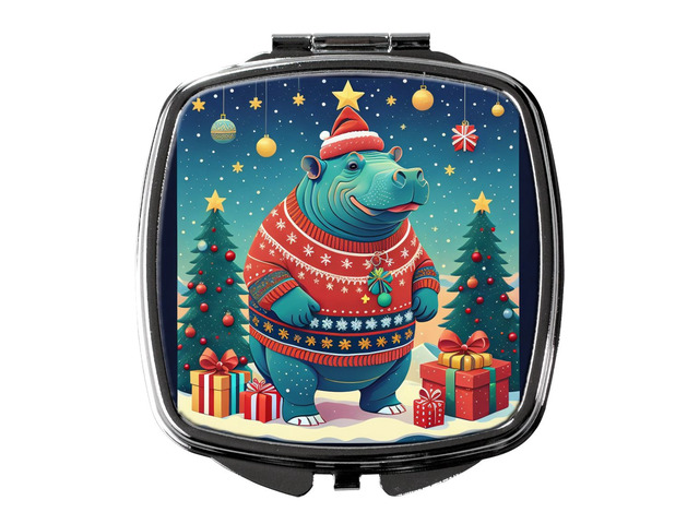 Hippopotamus Christmas Compact Mirror Decorative Travel Makeup Mirror for Women Girls Gifts Pocket Makeup Mirror Folding Handheld
