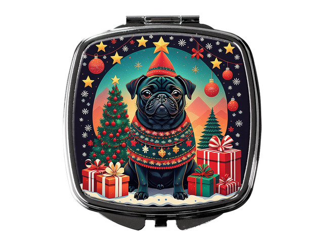 Black Pug Christmas Compact Mirror Decorative Travel Makeup Mirror for Women Girls Gifts Pocket Makeup Mirror Folding Handheld