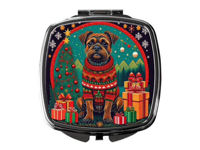 Border Terrier Christmas Compact Mirror Decorative Travel Makeup Mirror for Women Girls Gifts Pocket Makeup Mirror Folding Handheld