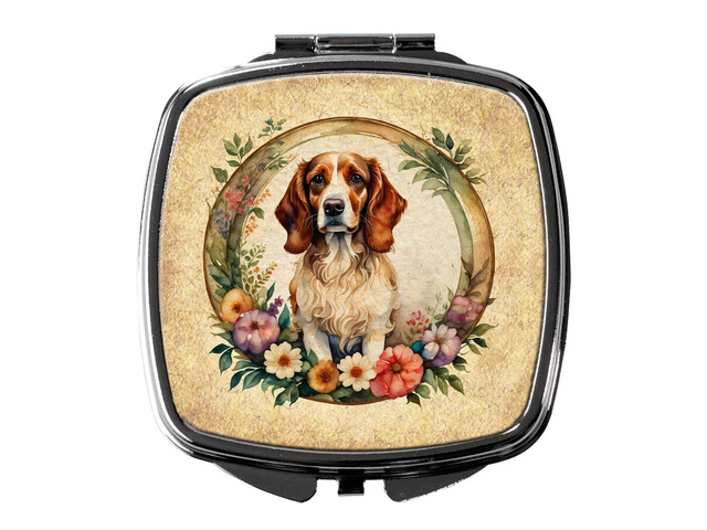 Brittany Spaniel and Flowers Compact Mirror Decorative Travel Makeup Mirror for Women Girls Gifts Pocket Makeup Mirror Folding Handheld
