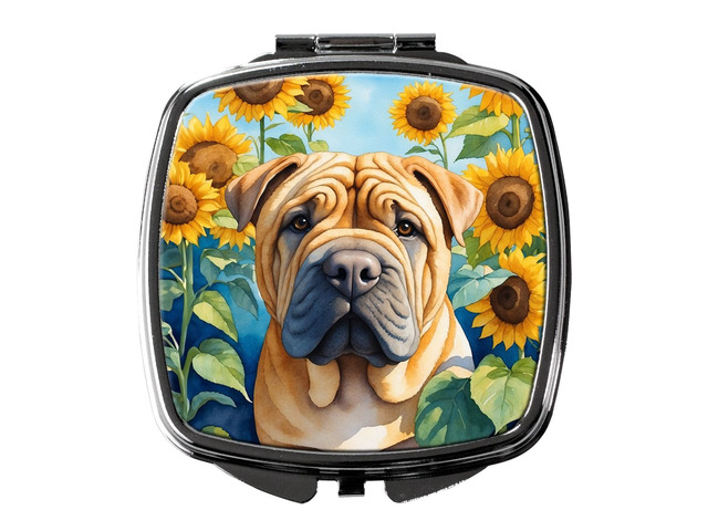 Shar Pei in Sunflowers Compact Mirror Decorative Travel Makeup Mirror for Women Girls Gifts Pocket Makeup Mirror Folding Handheld