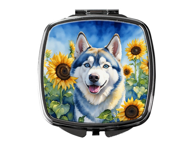 Siberian Husky in Sunflowers Compact Mirror Decorative Travel Makeup Mirror for Women Girls Gifts Pocket Makeup Mirror Folding Handheld