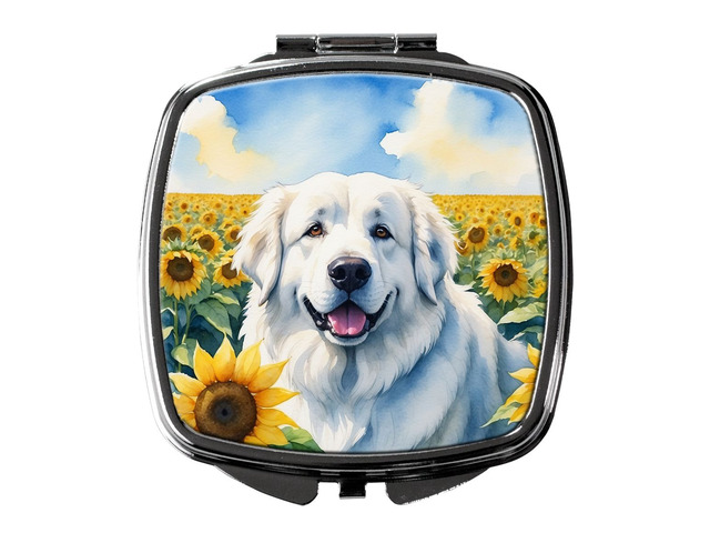 Great Pyrenees in Sunflowers Compact Mirror Decorative Travel Makeup Mirror for Women Girls Gifts Pocket Makeup Mirror Folding Handheld