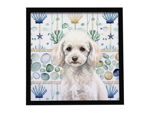 Miniature White Poodle Coastal Sea Glass Framed Metal Print Bathroom, Kitchen, Office, Home Decor Wall Art Ready to Hang, Square, 8X8