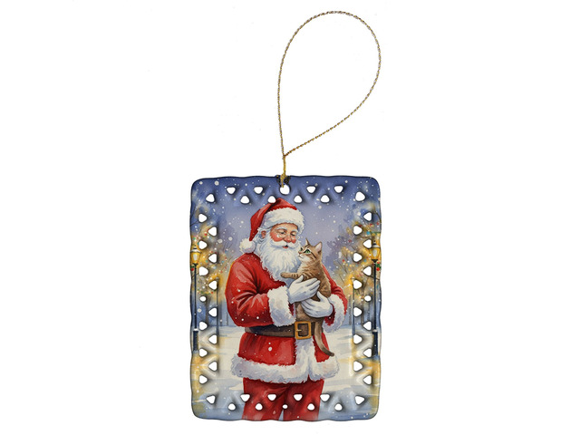 Malayan Cat with Santa Claus Porcelain Ornament Christmas Tree Hanging Decorations for Home Christmas Holiday, Rectangle, Gift, Multicolor