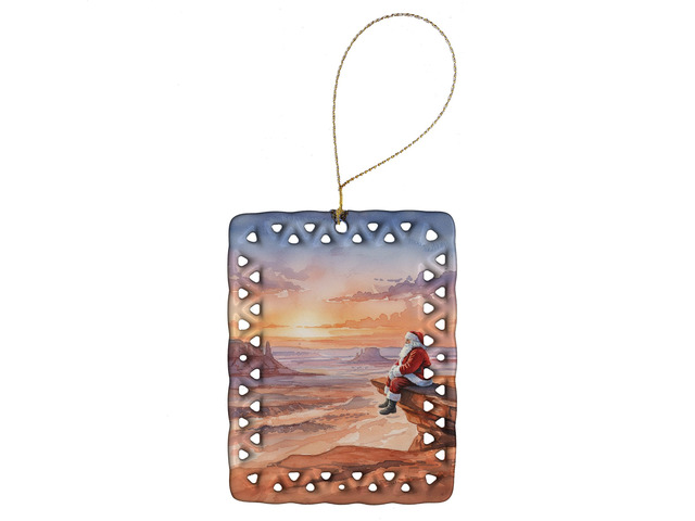 Santa Claus on the Red Rocks Christmas Porcelain Ornament Christmas Tree Hanging Decorations for Home Christmas Holiday, Rectangle, Gift, Multicolor