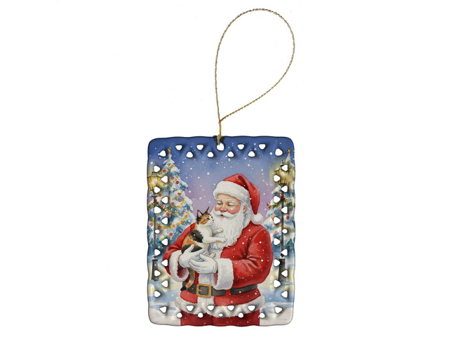 Japanese Bobtail Cat with Santa Claus Porcelain Ornament Christmas Tree Hanging Decorations for Home Christmas Holiday, Rectangle, Gift, Multicolor
