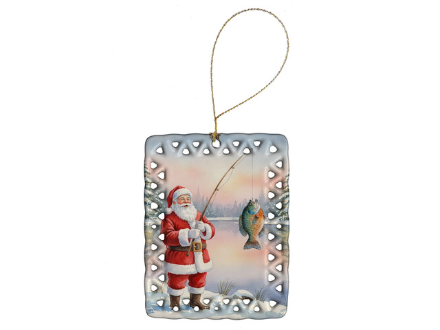 Fishing Santa Claus with Bluegill Christmas Porcelain Ornament Christmas Tree Hanging Decorations for Home Christmas Holiday, Rectangle, Gift,...