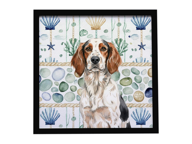 Tricolor English Setter Coastal Sea Glass Framed Metal Print Bathroom, Kitchen, Office, Home Decor Wall Art Ready to Hang, Square, 8X8