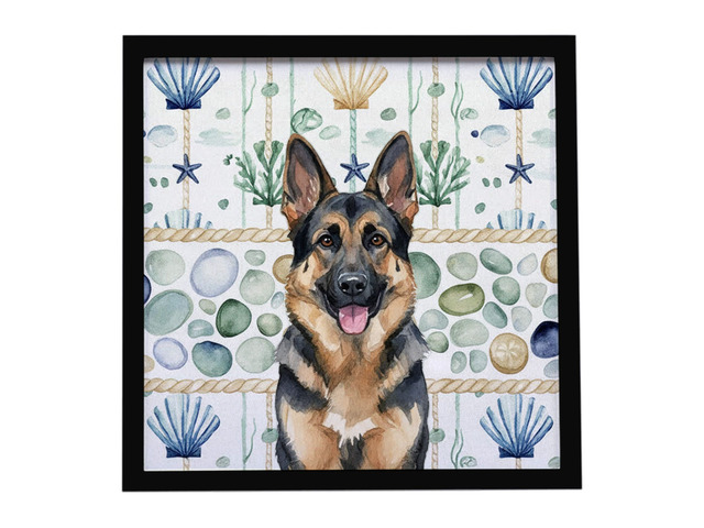 German Shepherd Coastal Sea Glass Framed Metal Print Bathroom, Kitchen, Office, Home Decor Wall Art Ready to Hang, Square, 8X8