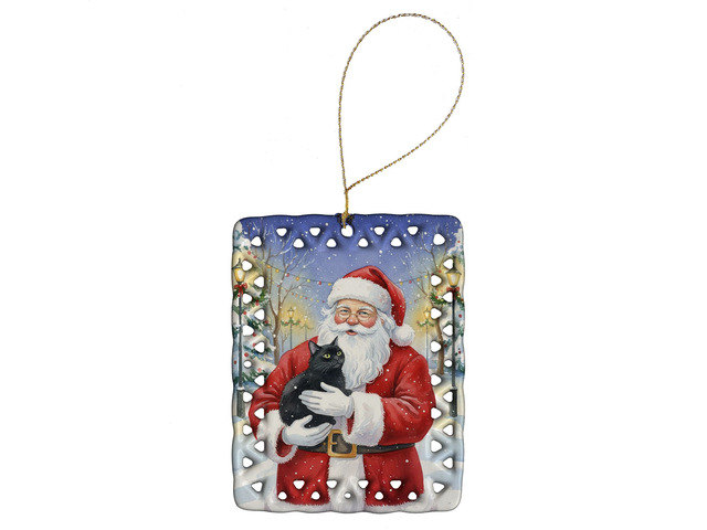 Black Cat with Santa Claus Porcelain Ornament Christmas Tree Hanging Decorations for Home Christmas Holiday, Rectangle, Gift, Multicolor