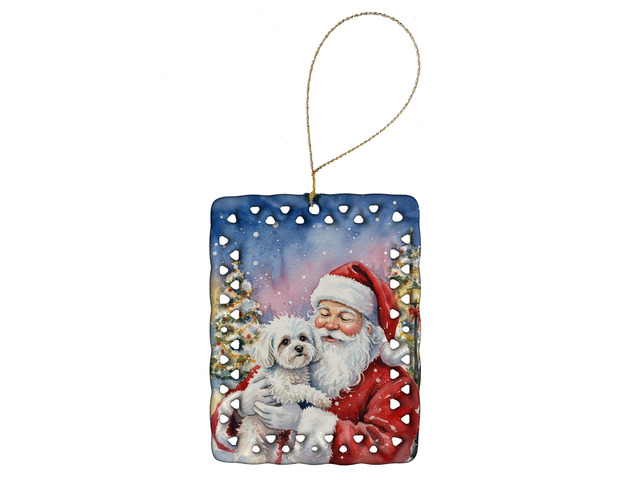 Bichon Frise with Santa Claus Porcelain Ornament Christmas Tree Hanging Decorations for Home Christmas Holiday, Rectangle, Gift, Multicolor