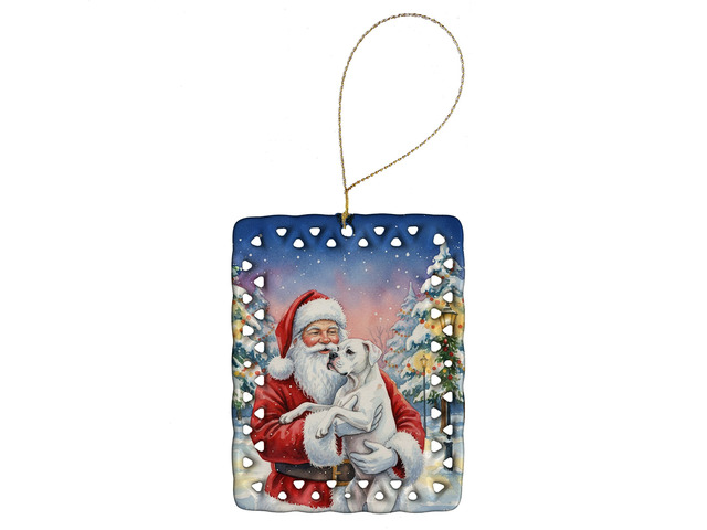 White Boxer with Santa Claus Porcelain Ornament Christmas Tree Hanging Decorations for Home Christmas Holiday, Rectangle, Gift, Multicolor