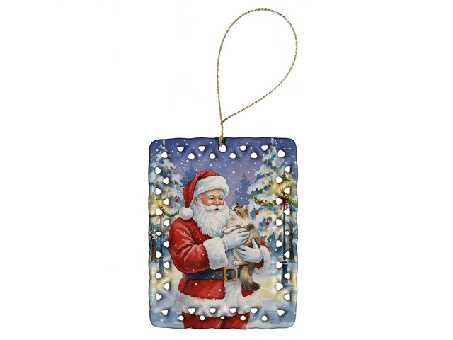 Cymric Cat with Santa Claus Porcelain Ornament Christmas Tree Hanging Decorations for Home Christmas Holiday, Rectangle, Gift, Multicolor