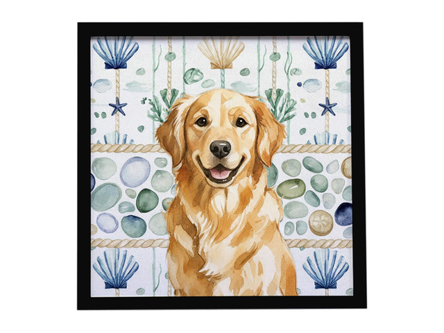 Golden Retriever Coastal Sea Glass Framed Metal Print Bathroom, Kitchen, Office, Home Decor Wall Art Ready to Hang, Square, 8X8