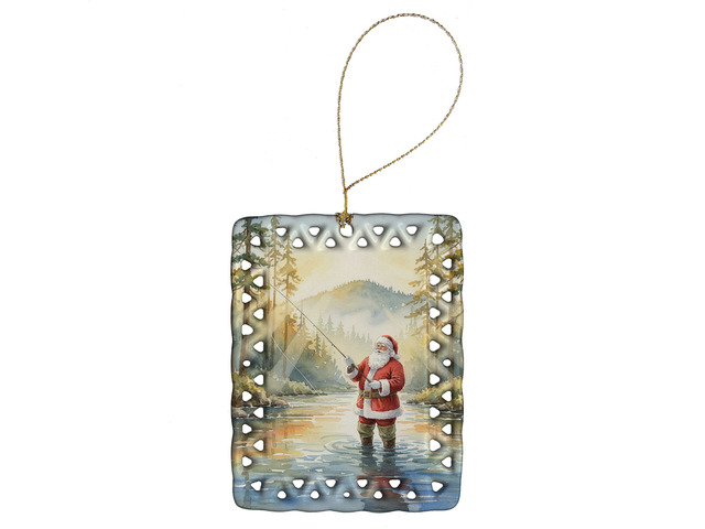Santa Claus Fly-Fishing at Sunrise Christmas Porcelain Ornament Christmas Tree Hanging Decorations for Home Christmas Holiday, Rectangle, Gift,...