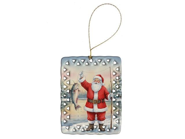 Fishing Santa Claus with Catfish Christmas Porcelain Ornament Christmas Tree Hanging Decorations for Home Christmas Holiday, Rectangle, Gift,...