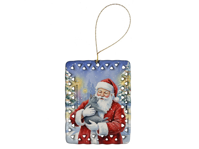 Gray Cat with Santa Claus Porcelain Ornament Christmas Tree Hanging Decorations for Home Christmas Holiday, Rectangle, Gift, Multicolor