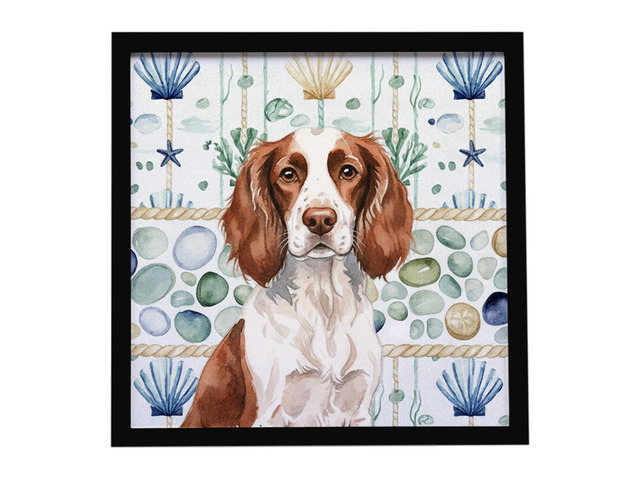 Liver and White English Springer Spaniel Coastal Sea Glass Framed Metal Print Bathroom, Kitchen, Office, Home Decor Wall Art Ready to Hang, Square,...