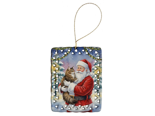 Norwegian Forest Cat Brown Tabby with Santa Claus Porcelain Ornament Christmas Tree Hanging Decorations for Home Christmas Holiday, Rectangle,...