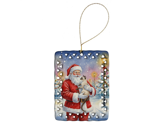 Javanese Cat with Santa Claus Porcelain Ornament Christmas Tree Hanging Decorations for Home Christmas Holiday, Rectangle, Gift, Multicolor