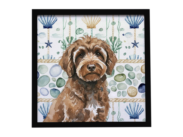 Brown Portuguese Water Dog Coastal Sea Glass Framed Metal Print Bathroom, Kitchen, Office, Home Decor Wall Art Ready to Hang, Square, 8X8