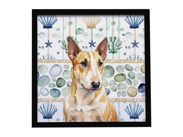 Miniature Bull Terrier Coastal Sea Glass Framed Metal Print Bathroom, Kitchen, Office, Home Decor Wall Art Ready to Hang, Square, 8X8