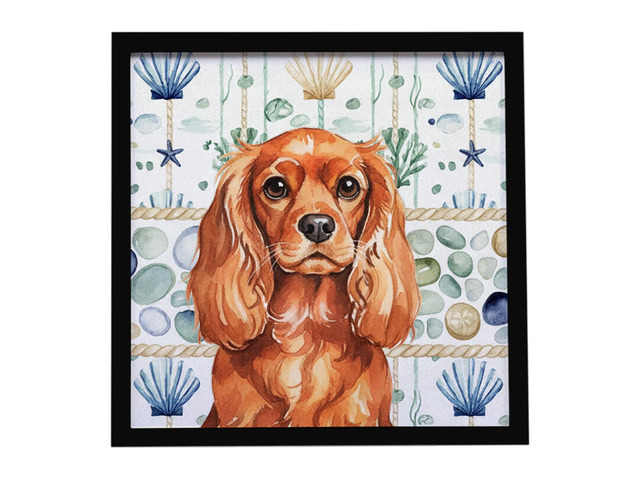 Ruby English Toy Spaniel Coastal Sea Glass Framed Metal Print Bathroom, Kitchen, Office, Home Decor Wall Art Ready to Hang, Square, 8X8