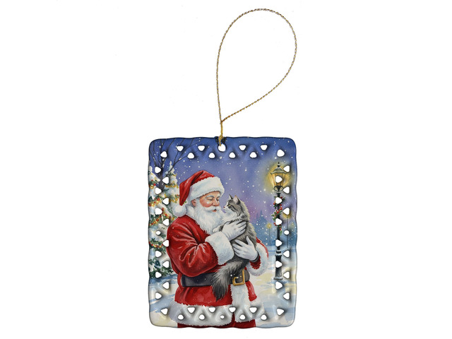 Norwegian Forest Cat Gray and White with Santa Claus Porcelain Ornament Christmas Tree Hanging Decorations for Home Christmas Holiday, Rectangle,...