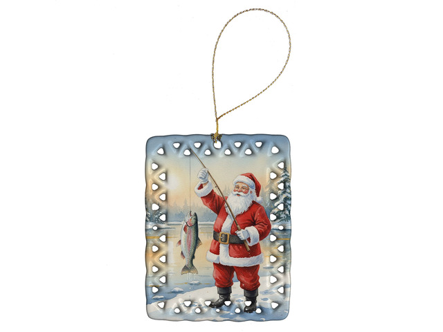 Fishing Santa Claus with Rainbow Trout Christmas Porcelain Ornament Christmas Tree Hanging Decorations for Home Christmas Holiday, Rectangle, Gift,...