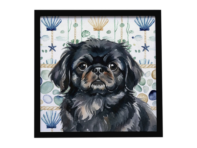 Black Pekingese Coastal Sea Glass Framed Metal Print Bathroom, Kitchen, Office, Home Decor Wall Art Ready to Hang, Square, 8X8