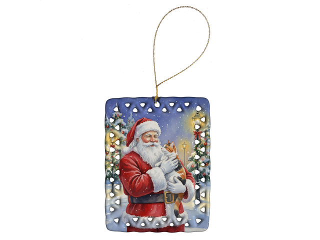 Calico Cat with Santa Claus Porcelain Ornament Christmas Tree Hanging Decorations for Home Christmas Holiday, Rectangle, Gift, Multicolor