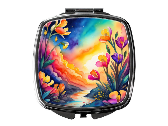 Colorful Freesia Compact Mirror Decorative Travel Makeup Mirror for Women Girls Gifts Pocket Makeup Mirror Folding Handheld